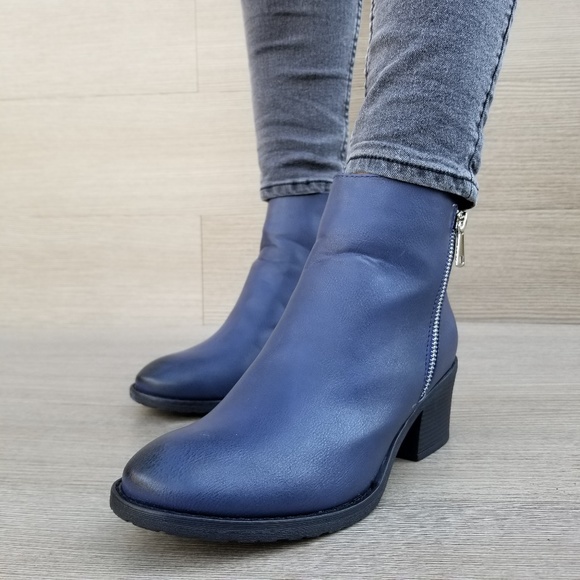 Navy Faux Leather Ankle Boots W/ Silver Zipper - Picture 6 of 7